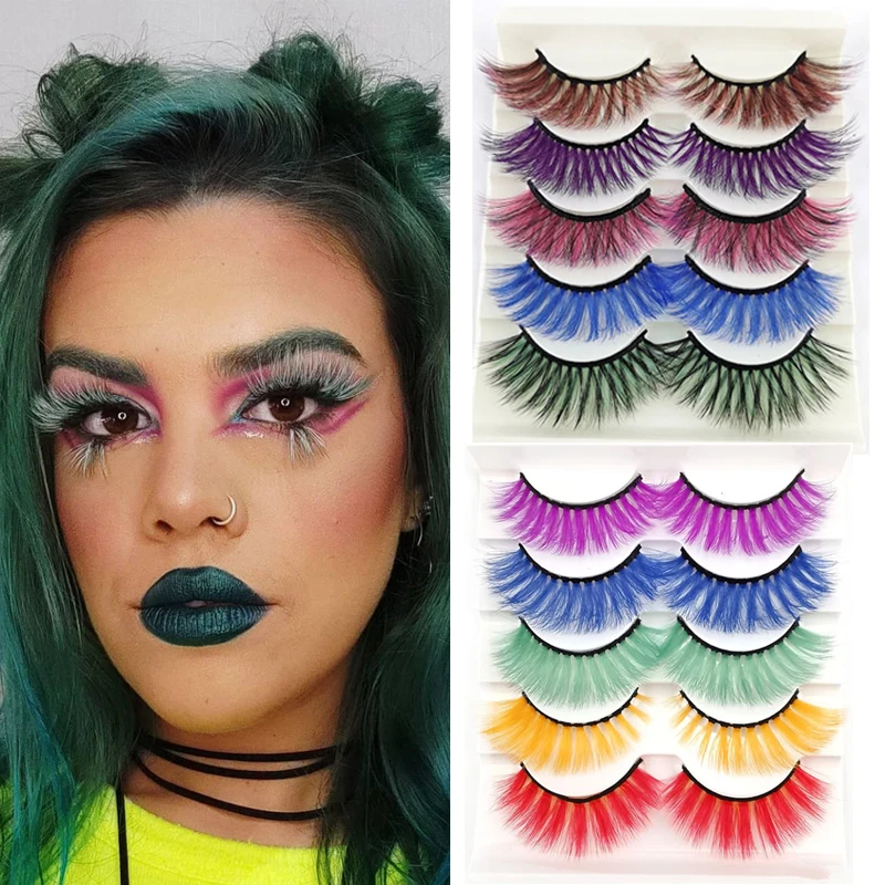 5 Pairs 3D Faux Mink False Eyelashes Green Purple Red Yellow Fluffy Volume Fake Eyelash Makeup Cosplay Dramatic Rainbow Lashes