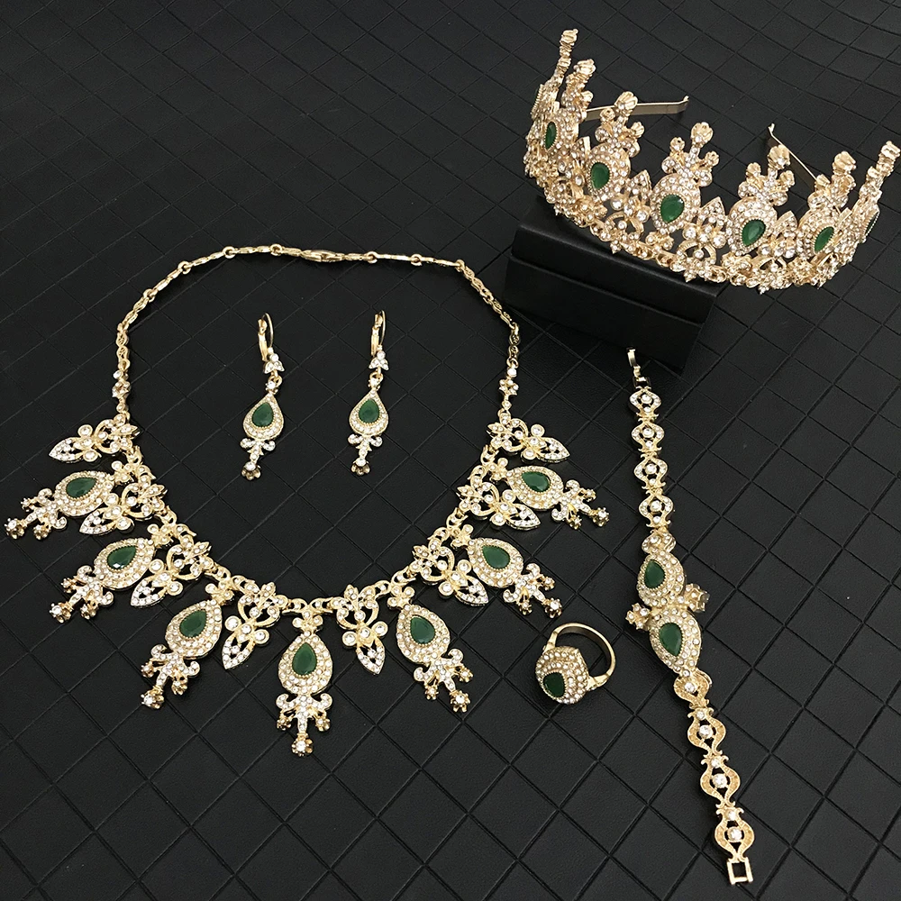 

Luxury Wedding Full Crystal Set Women Inset Rhinestone Robe Crown Earrings Necklace Ring Bracelet Jewelry Set