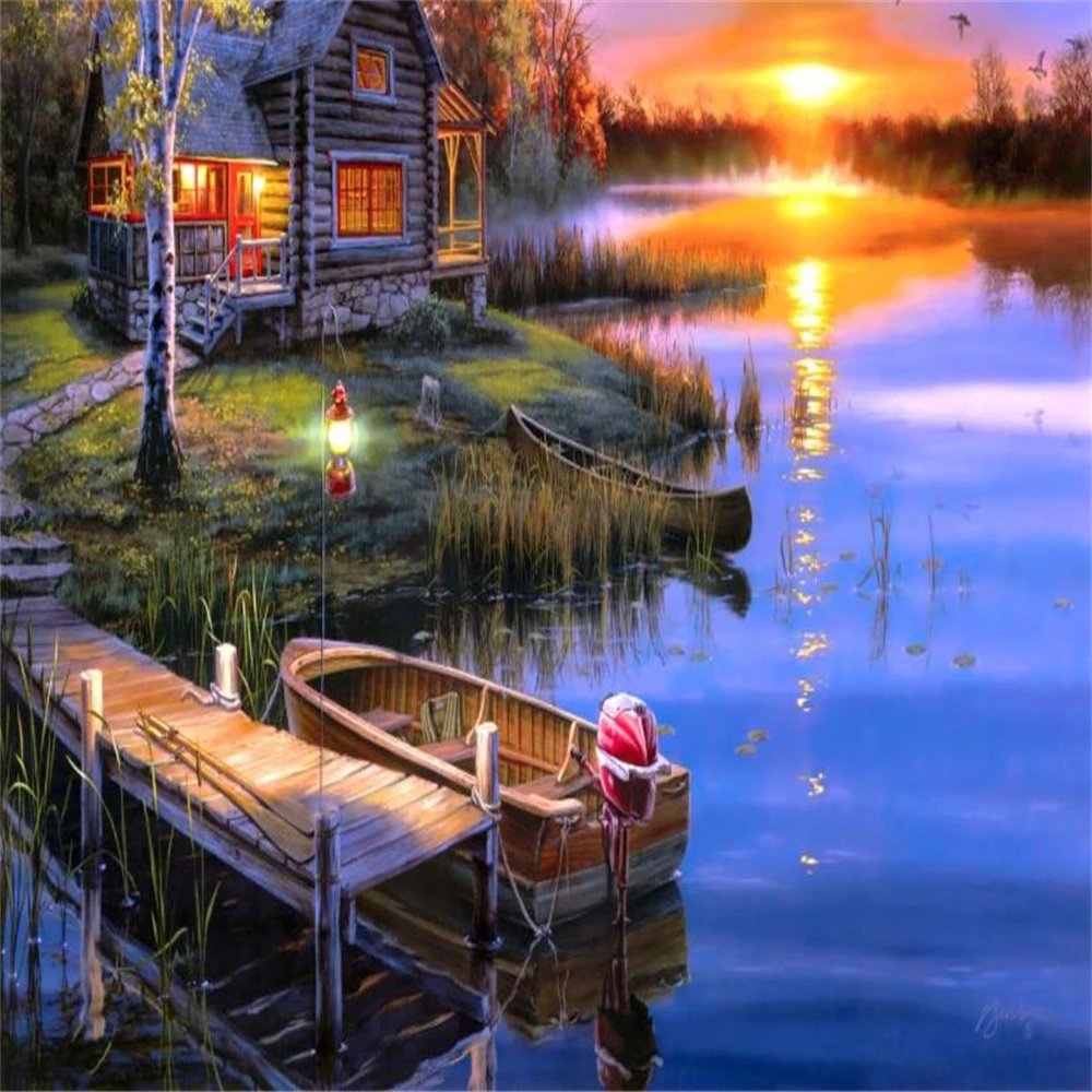 

3d wallpapers 3d Wallcovering Wallpaper Beautiful Lake Wooden House Scenery Under the Red Sunset Painting Mural Wallpapers