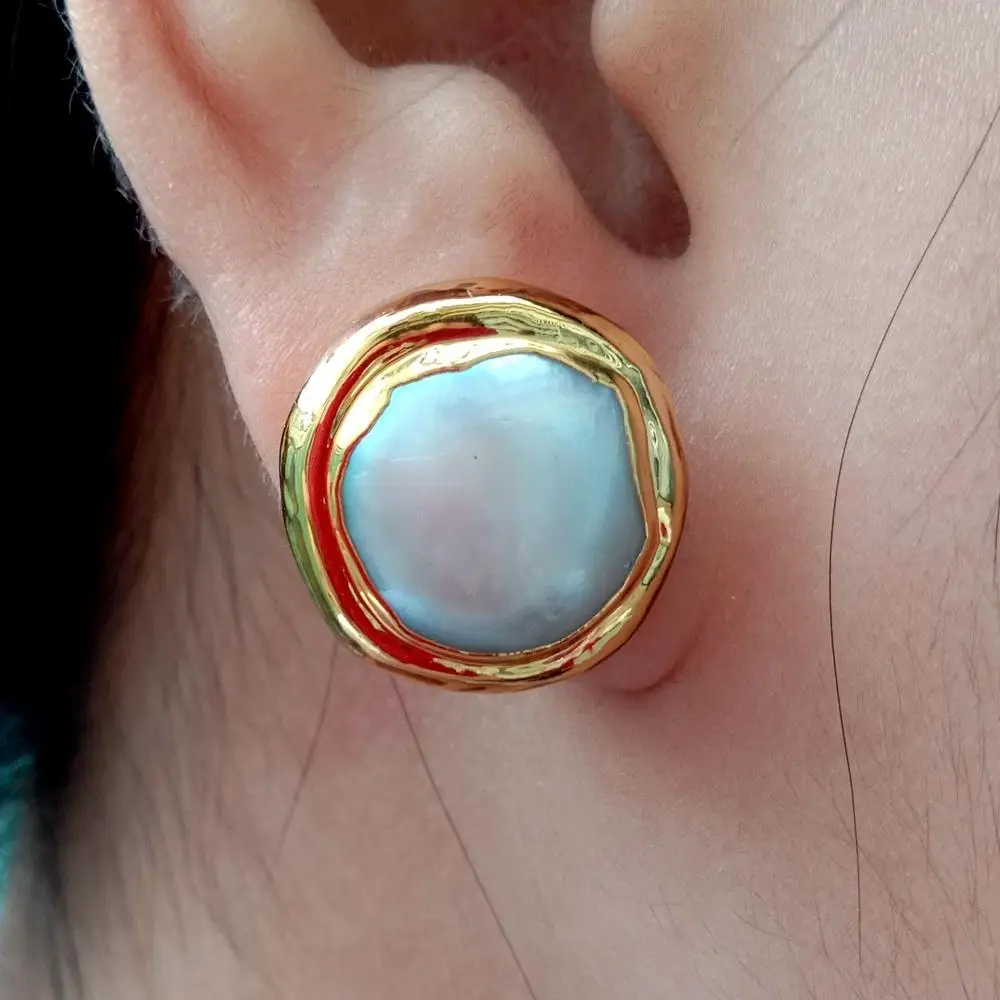 YYGEM Natural White Coin Freshwater Pearl Gold Color Plated Stud Earrings Anniversary Push-Back Earrings