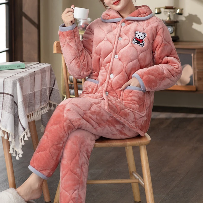 Three-Layer Winter Thick Warm Flannel Women\'s Pajamas Sets Sleepwear Plus Velvet Home Clothing Female Set Woman 2 Pieces Suit