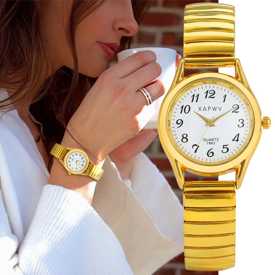 Couple Watch Noble Golden Mens Watches Elastic Strap Quartz Watch Simple White Arabic Numerals Dial Bracelets Watches for Women