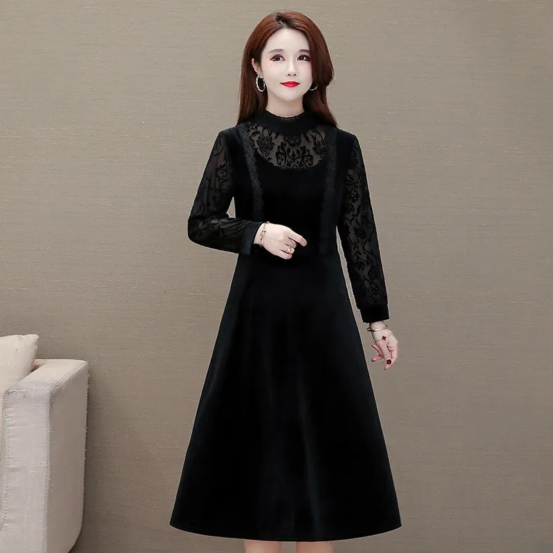 Retro Palace Style Hollow Out Black Velour Dress Office Lady Sexy Slim Elegant OL Work Wear NEW Chic abito lungo da donna a vita alta