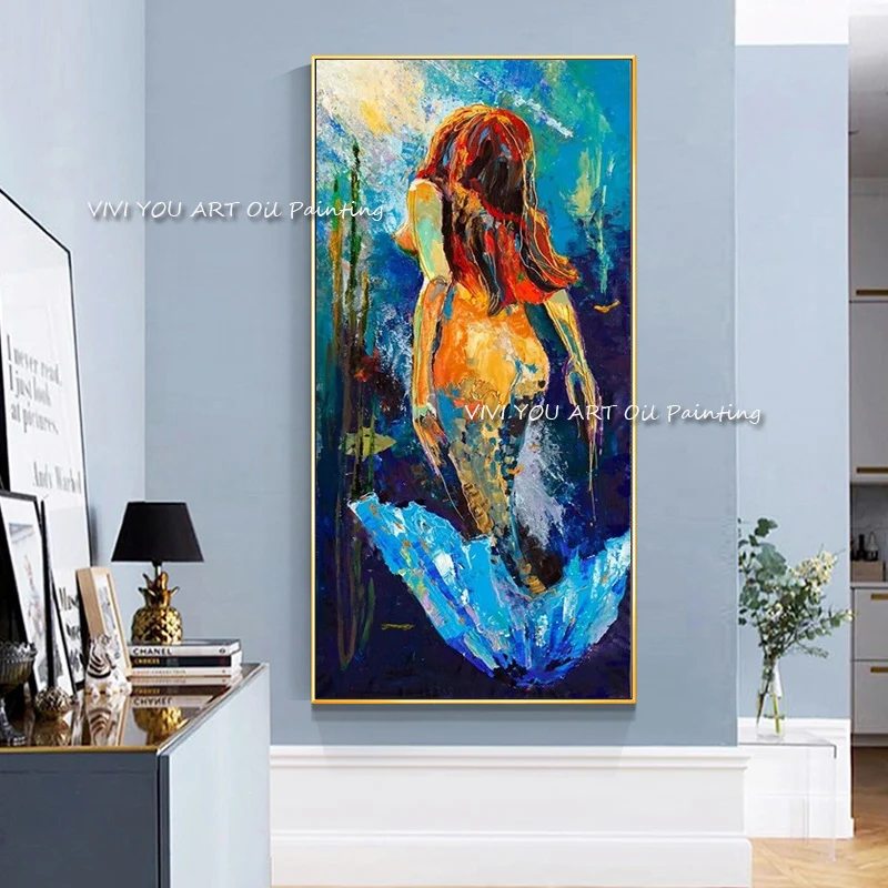 100% Hand Painted Abstract Oil Painting Colorful Mermaid Impasto Canvas Wall Artwork For Entryway Living Room Hotel Decor