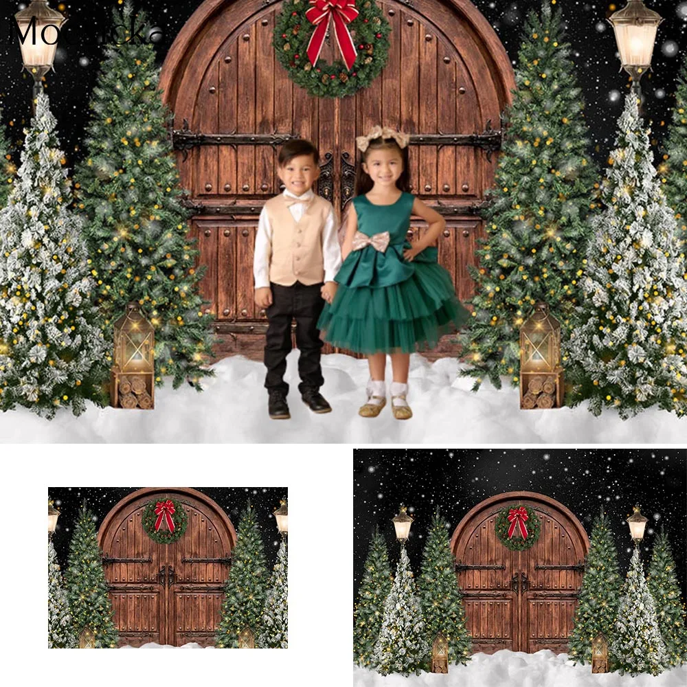 

Winter Snow Xmas Night Backdrop Christmas Wonderland Pine Forest Portrait Background Street Lamp Rustic Brown Door Wreath Photo