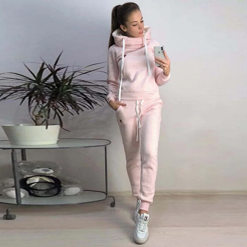 Fashion Sportswear Women 2 Pcs Casual Solid Hooded Long Sleeve Sport Tops+Long Pants Set Sport Winter Running suit