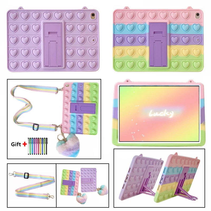 

For Samsung Galaxy Tab A 8.0Inch 2019 SM-T295 T290 Lanyard Rainbow Silicone Case With Stand Heart-Shaped Shockproof Tablet Cover