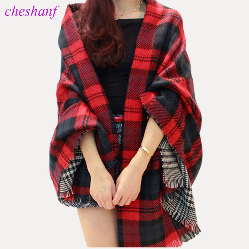 Women Red Faux Cashmere Shawl 2021 Double Faced Plaid Blanket Scarf New Winter Brand Scarf Celebrity Womens Fall Fashion Cape