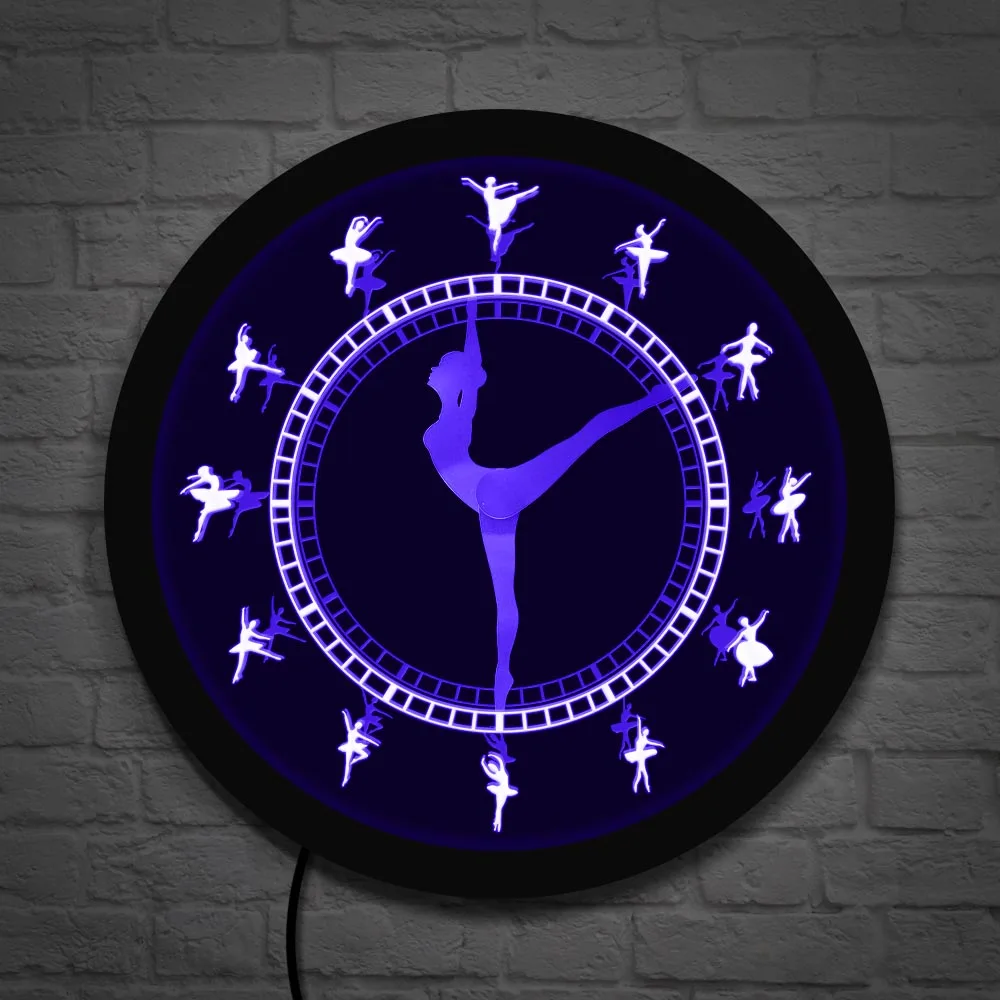 Ballet Time Charming Ballerina Girls Decorative Neon Effect Wall Clock Ballet Dancing Girls Needle Hand Unique Wall Light Clock