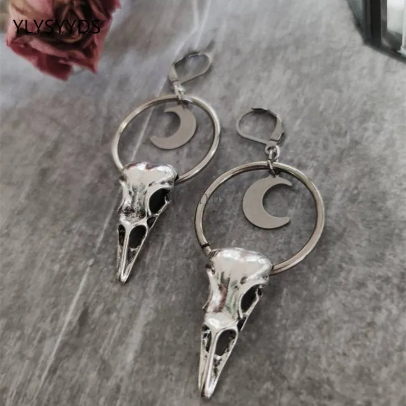 Gothic Bird Dead Crow Moon Earrings Pentagram Crow Skull Halloween Punk Creative Women Fashion Delicacy Witch Jewelry Charm Gift