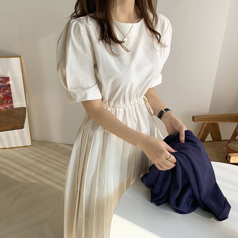 

Korean Chic Gentle Temperament Puff Sleeve Pleated Dress Summer Round Neck Drawstring Lace-Up Waist Design Stitching Long Dress