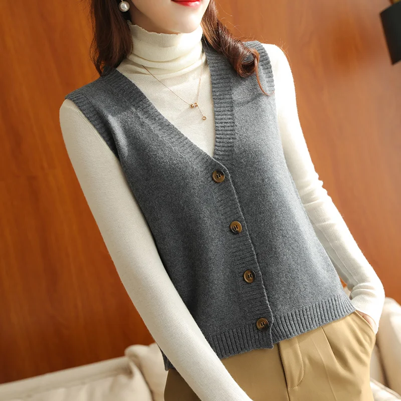 New Hot Sale Women 100% Wool V-Neck Cardigans Vest Sleeveless Sweater Autumn Winter For Female Soft Outwear Solid Vest Tops