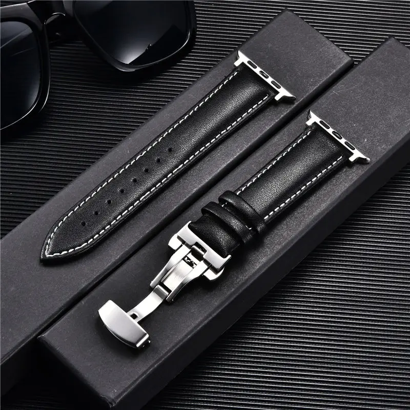 Leder-Uhrenarmbänder für Apple Watch 8, 7, 6, 5, 4, 3, SE, Schmetterlingsverschluss, Ersatz-Armband, 38/40/41 mm, 42/44/45 mm, Band für iwatch – Detail 4