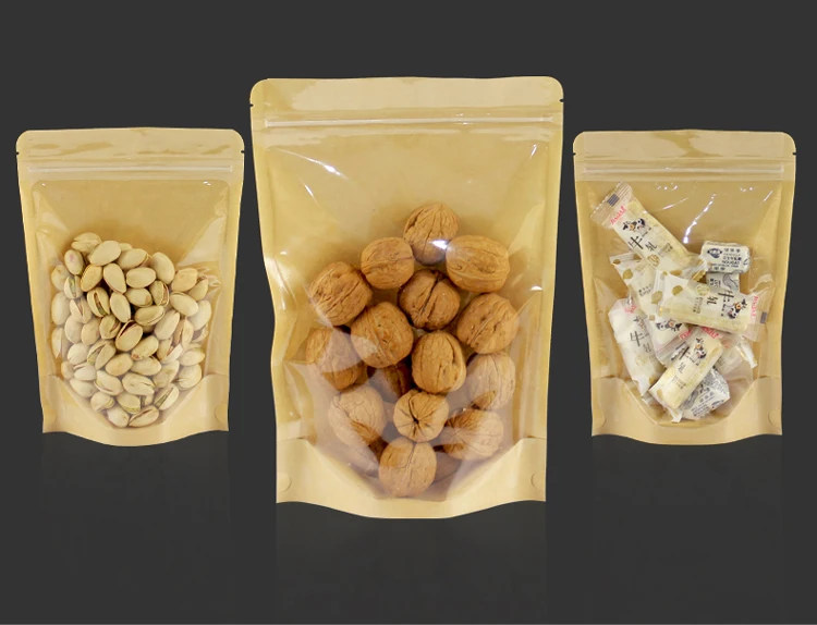 50pcs Kraft Paper Zip Lock Bags One Side Clear Stand Up Resealable Snack Coffee Beans Dates Chocolate Packaging Storage Gift