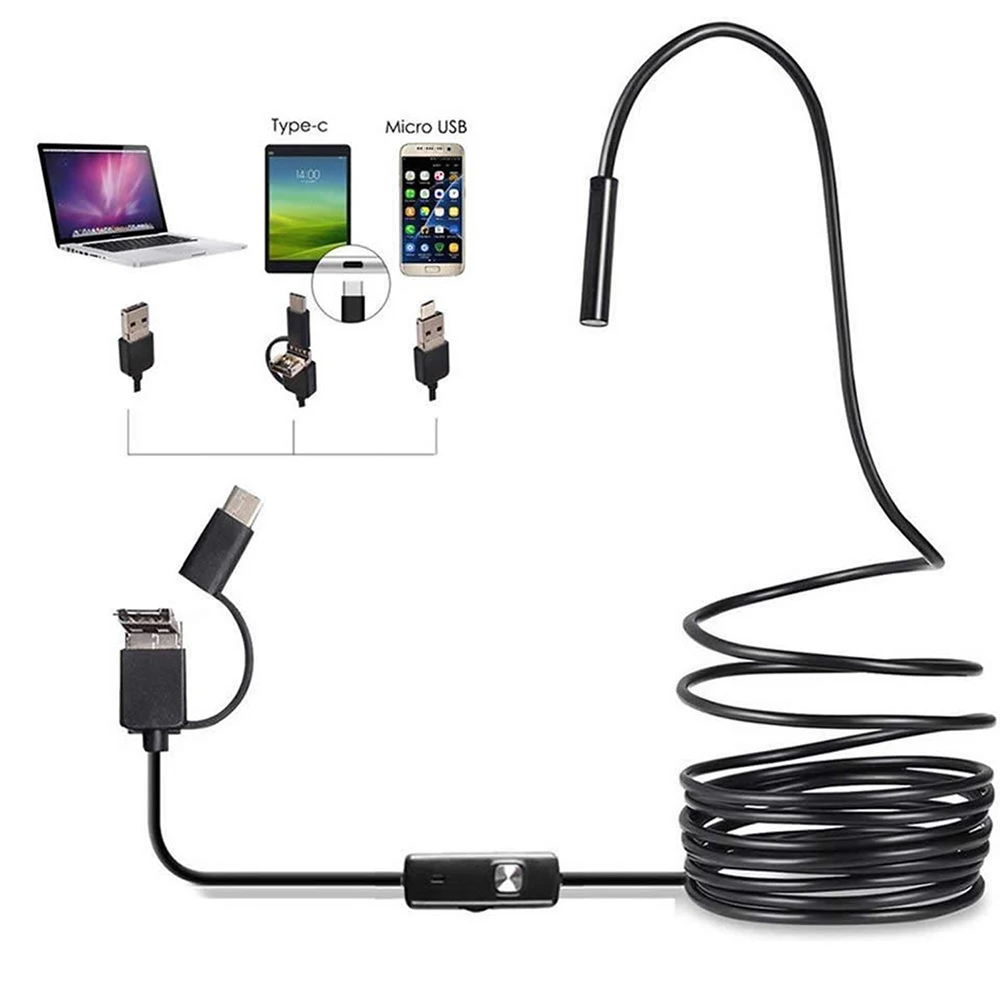 

3 In 1 7.0MM USB Type-C Endoscope Camera For Android PC 1M Flexible Soft Inspection Scope Borescope Camera with 6LEDs Adjustable