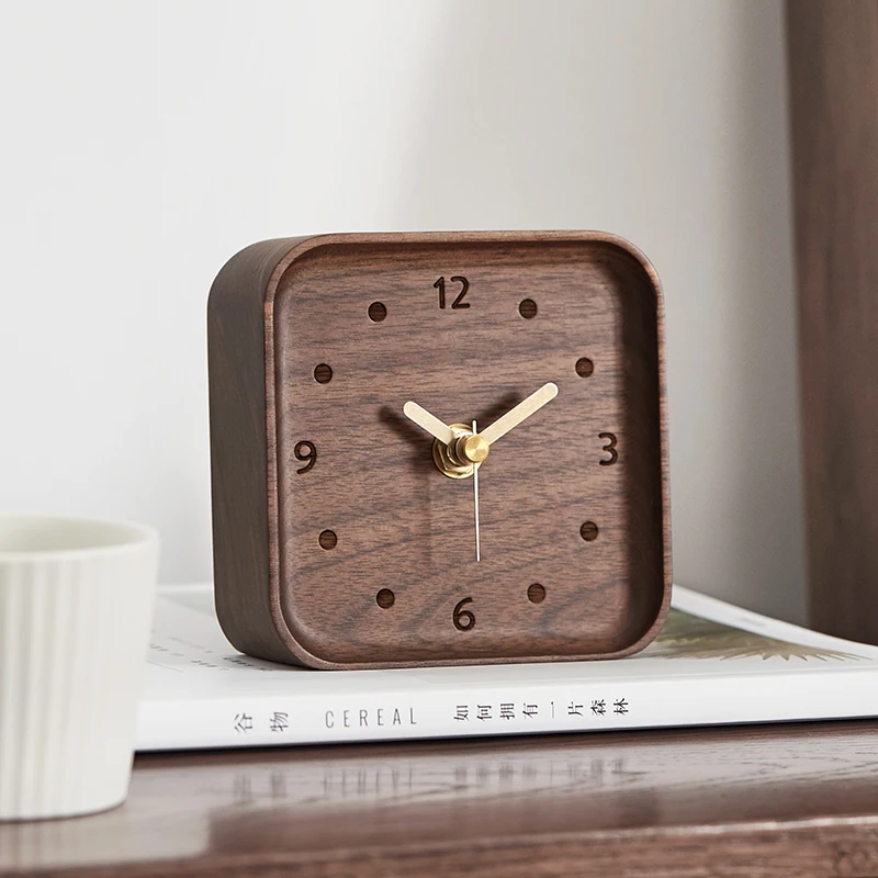 Solid Wood Mini Desk Clocks Office Square Black Walnut Wooden Needle Clock Home Decoration Ornaments Table Timepiece Watch Gifts