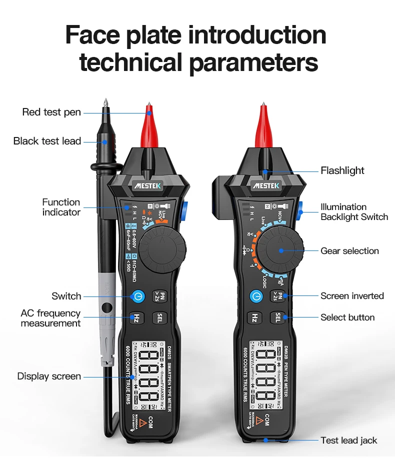 MESTEK Digital Multimeter 6000 Counts Pocket Pen Style Auto Range/Smart Multimeter NCV Detection DC/AC Voltage multimeter