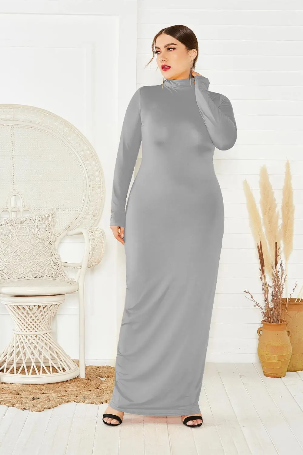 ربيع الخريف المرأة الصلبة عادية سليم Bodycon حزمة الورك فستان ماكسي كم طويل الياقة المدورة بسط فساتين طويلة حجم كبير رداء