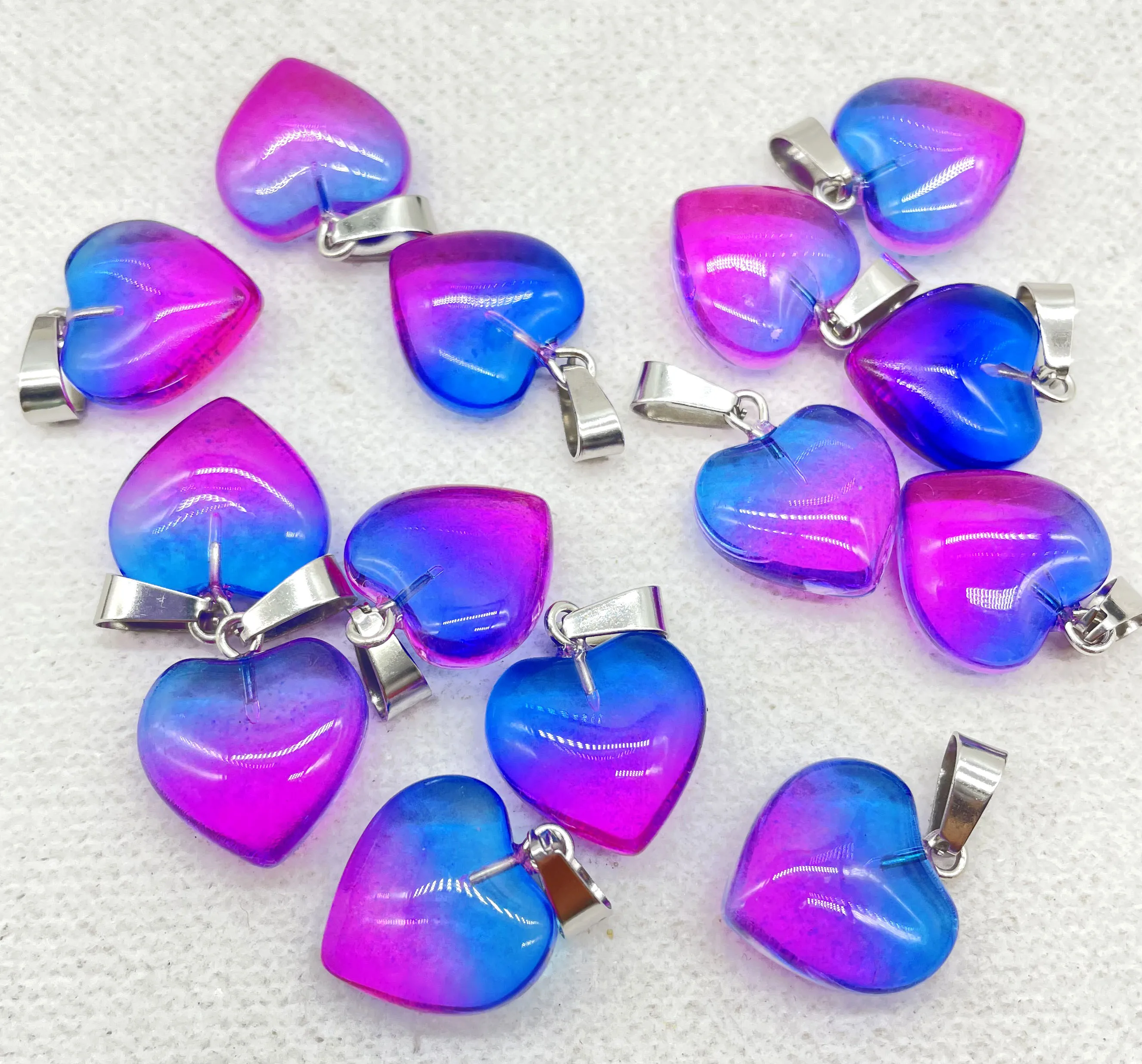 16mm Natural Gem stone Quartz Crystal opal Cat\'s eye Colorful charms heart pendants for diy jewelry making Necklace 12pcs