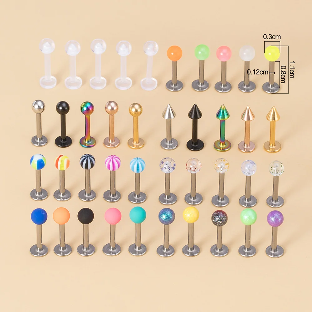 40PCS 8mm Labret Barbell Monroe Lip Ring Helix Earring Tragus Cartilage Studs Surgical Steel Piercing Jewelry for Women Men 16G