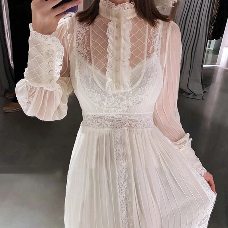 

Summer Spring Vintage Lace Striped White Short Dress Two Piece Set Women Streetwear Elegant Party Wedding High Waist Midi Dress