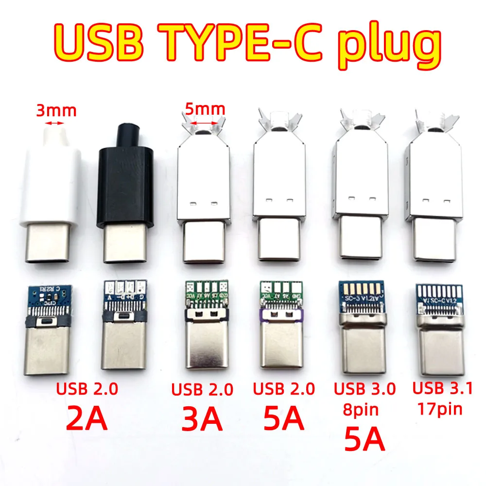 10 zestawów przewodów spawalniczych typu C USB 3.1 2A/3A o dużym natężeniu USB 2.0 5A typu C USB C męskie złącze Pulg Części do kabla ładującego DIY