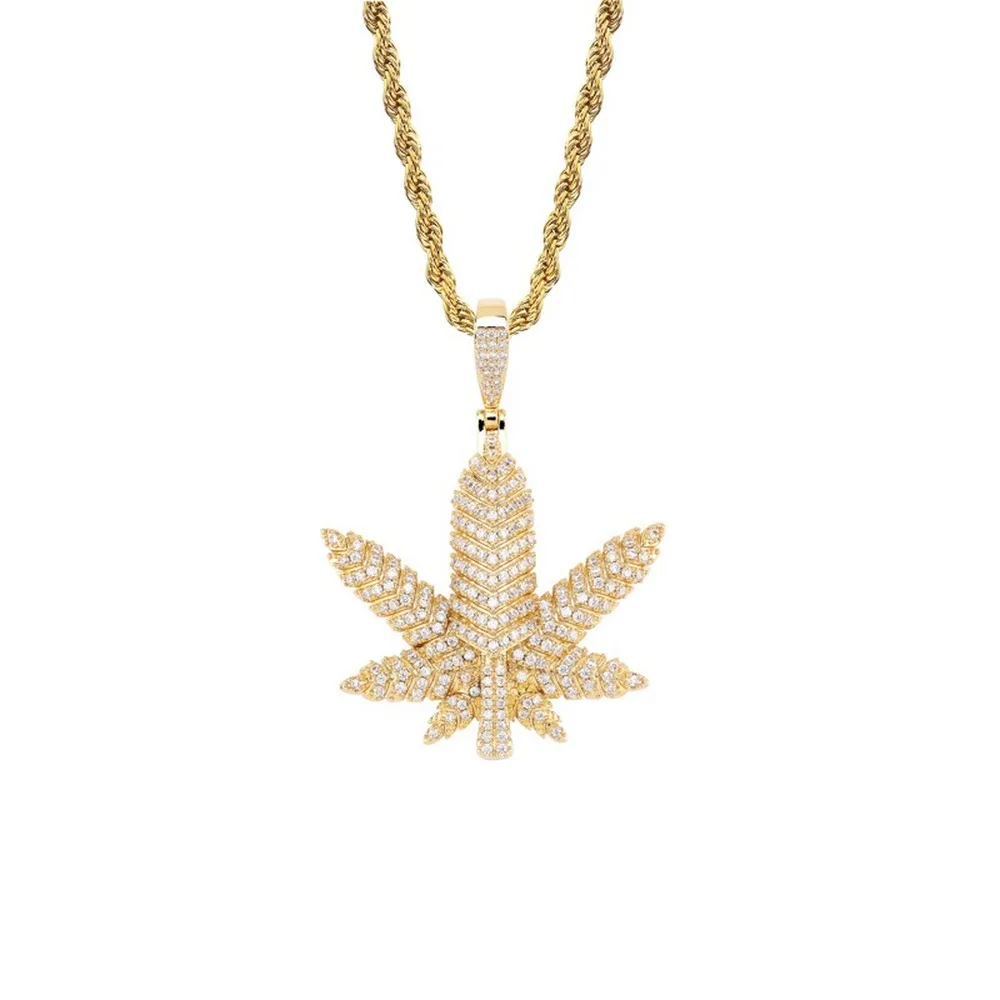 

Leaves Pendant & Necklace 18k Gold Plated Lab Diamond Iced Out Chain Bling Fashion Hip Hop Jewelry