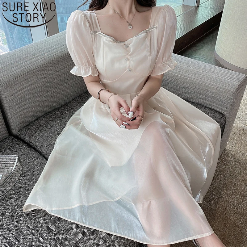 Summer Dresses 2022 New Sweet Square Collar Flare Sleeve Dress Women High Waist Short Sleeve Midi Long Dresses Spring Robe 14088