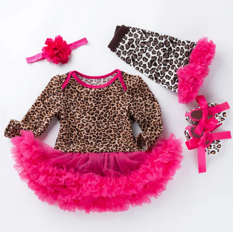 

Infant Baby Girl Birthday Outfits Novelty Kids Costume Clothing Sets Leopard Romper dress Shoes Leg warmer headband Party Gift