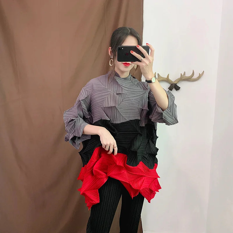 

Green Contrast Stand Collar Cropped Sleeve Pleated Plus Woman Long T-Shirt Casual Simple Fashion 2022 autumn New E156