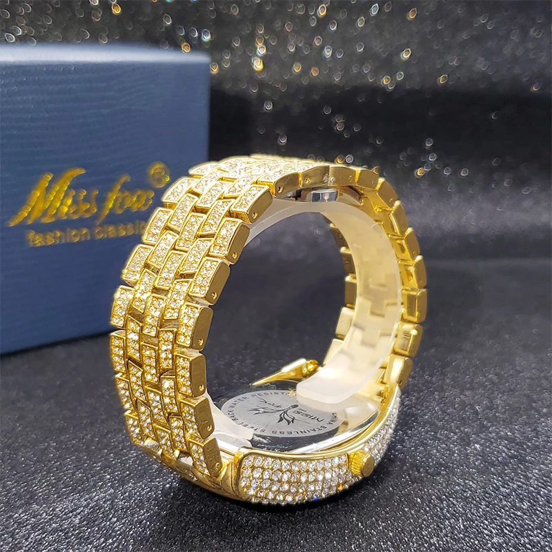 MISSFOX Gold Watch For Men Hip Hop Bling Bling Tonneau Quartz Watches For Large Man Waterproof Millerable Hand Clock New Arrive