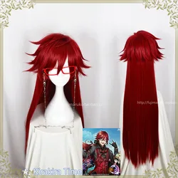 Kuroshitsuji Black Butler Grell Sutcliff Red Long Straight Heat Resistant Hair Cosplay Wig + Skull Chain Glasses + Wig Cap