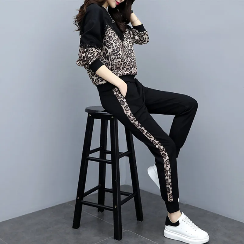 Leopard Print Casual Pantsuit Set for Women, Oversize Tracksuits, full sets Large Sizes, Long Sleeve, Fashion Sportswear, 5XL