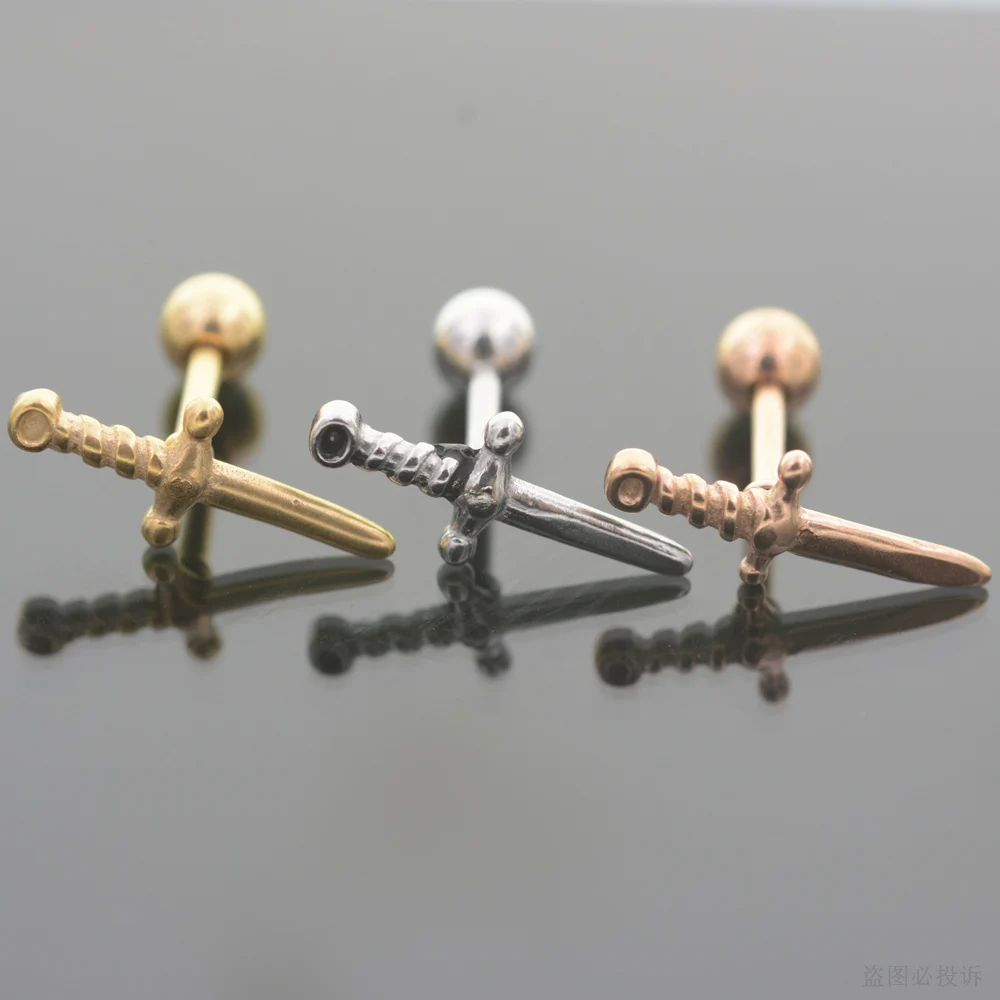 Starose 2Pcs 1.2x6mm Gold Color Punk Dagger Earrings Stainless Steel Tragus Cartilage Piercing Helix Piercing Stud Ear Jewelry