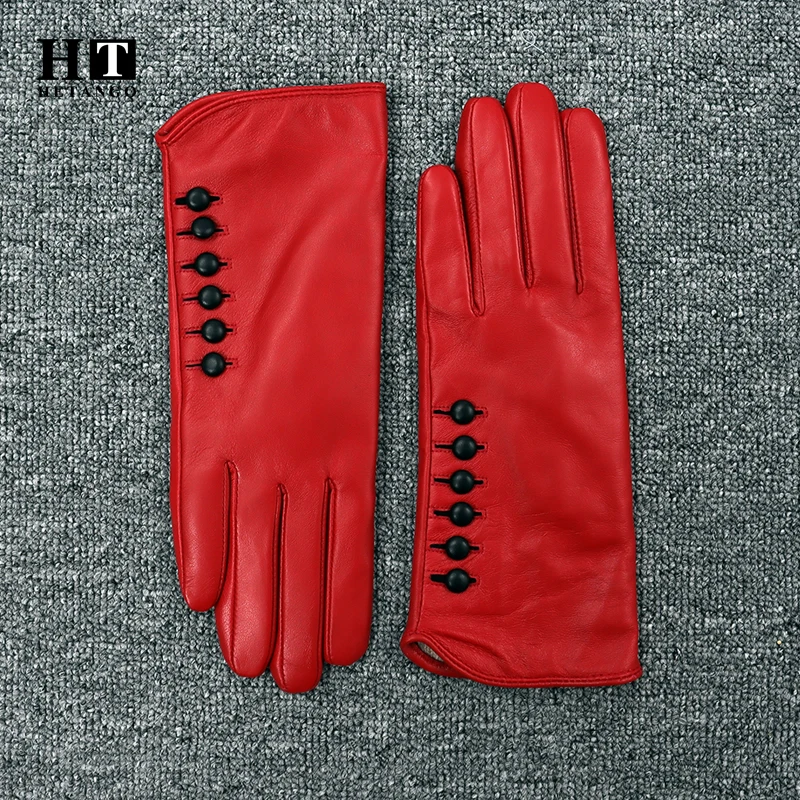 New Women Genuine Leather Gloves, Winter Ladies High Quality Goat Skin Warm Mittens, Buckle Decoration Colored Fashion Gloves