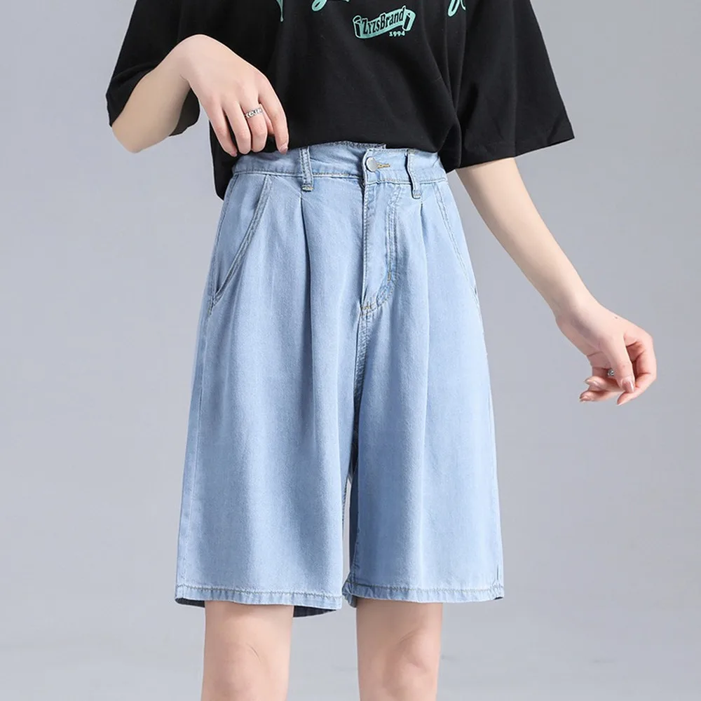 Women's Long  Denim Shorts Bermuda Summer Classic Blue Wide Leg Female Washed Caual  Shorts Jeans For Ladies  ouc158