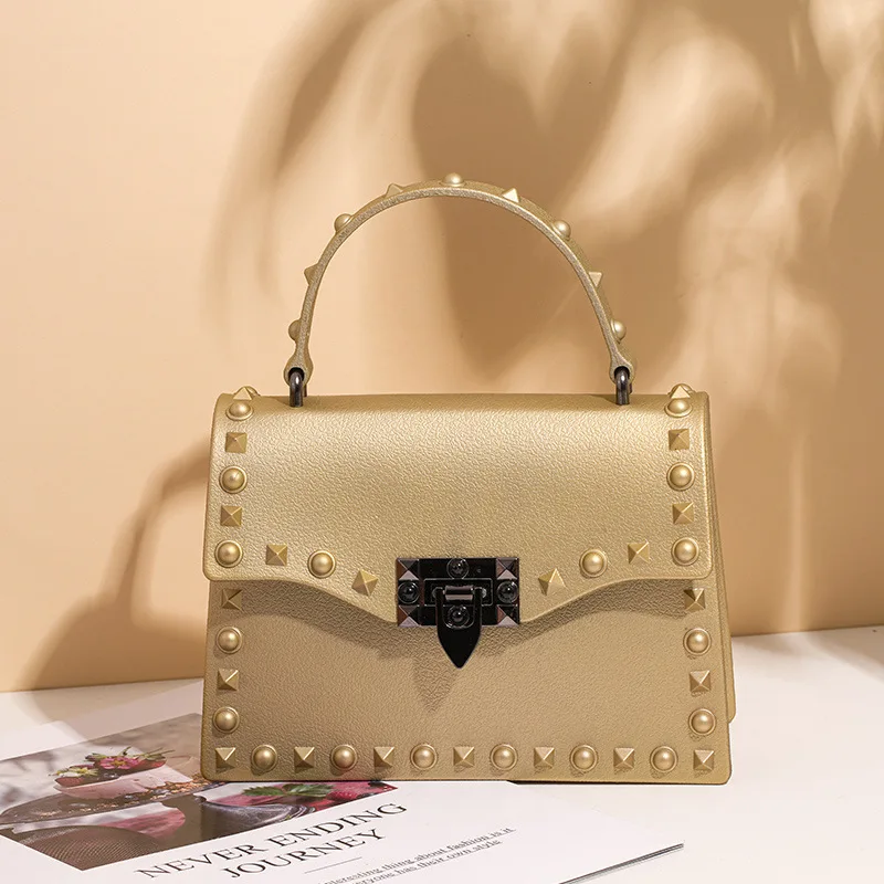 New Fashion Women\'s Shoulder Bags Solid Color PVC Matte Flap Hasp Rivets Satchels Bags Simple Crossbody Bags Lady Casual Handbag