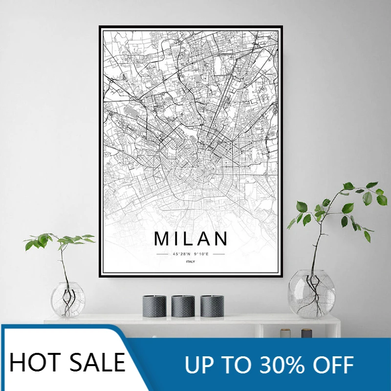 Milan Rome Italy Florence Venice City Map Wall Art Canvas Painting Poster Print Black and White Engraving Minimalist Wall Decor