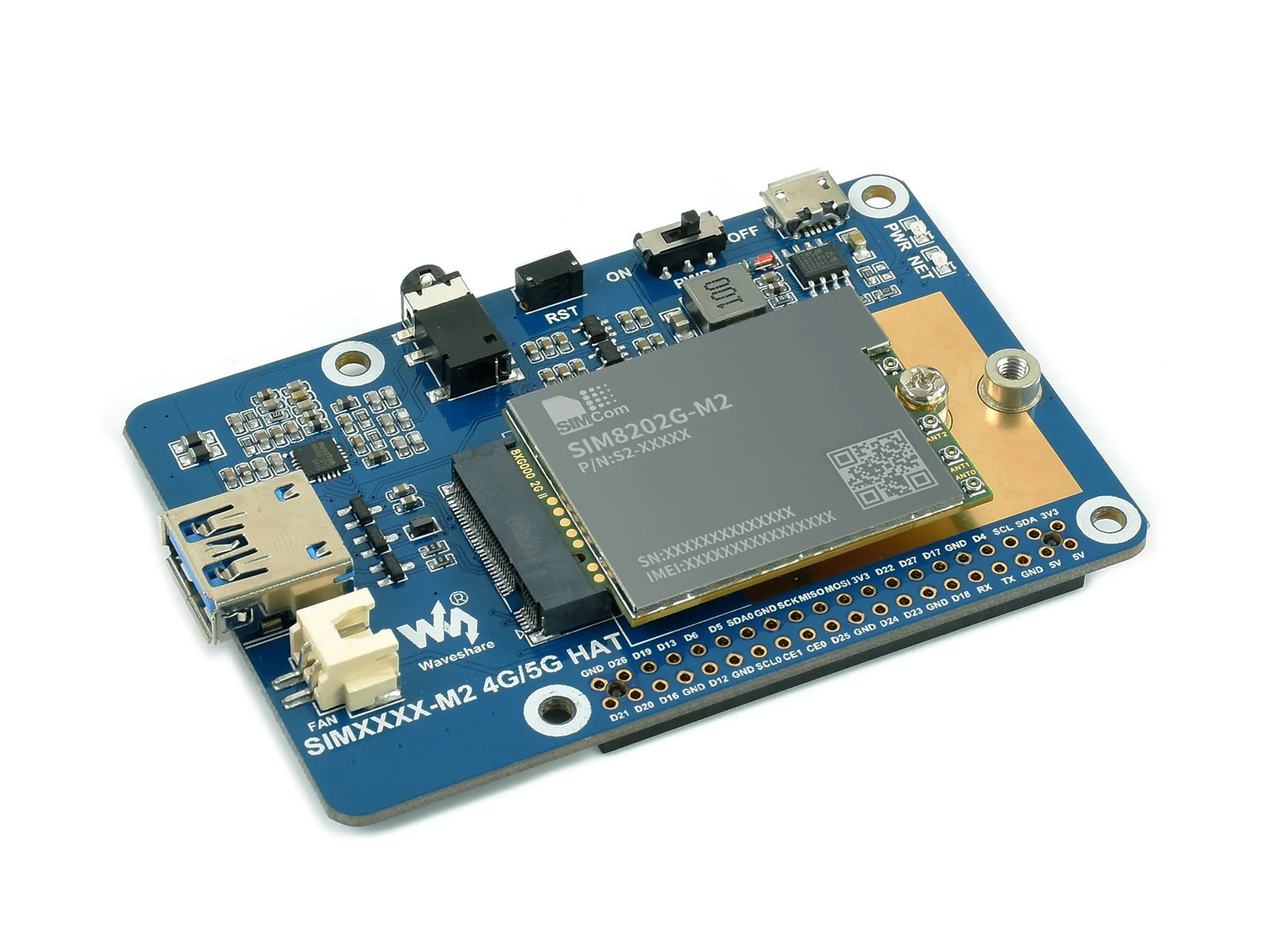 Waveshare SIM8202G-M2 5G HAT for Raspberry Pi, 5G/4G/3G Support, Snapdragon X55, Multi Mode Multi Band