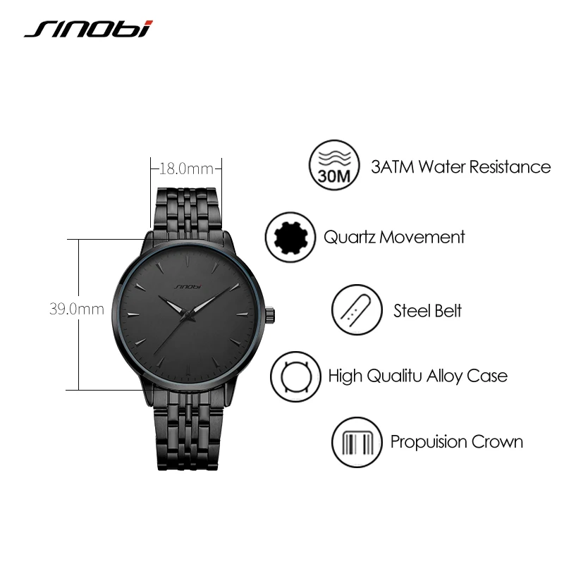 Sinobi Luxury Men\'s Watches Stainless Steel Strap Top Selling Men\'s Quartz Wristwatch Waterproof Fashion Relogio Masculino Watch