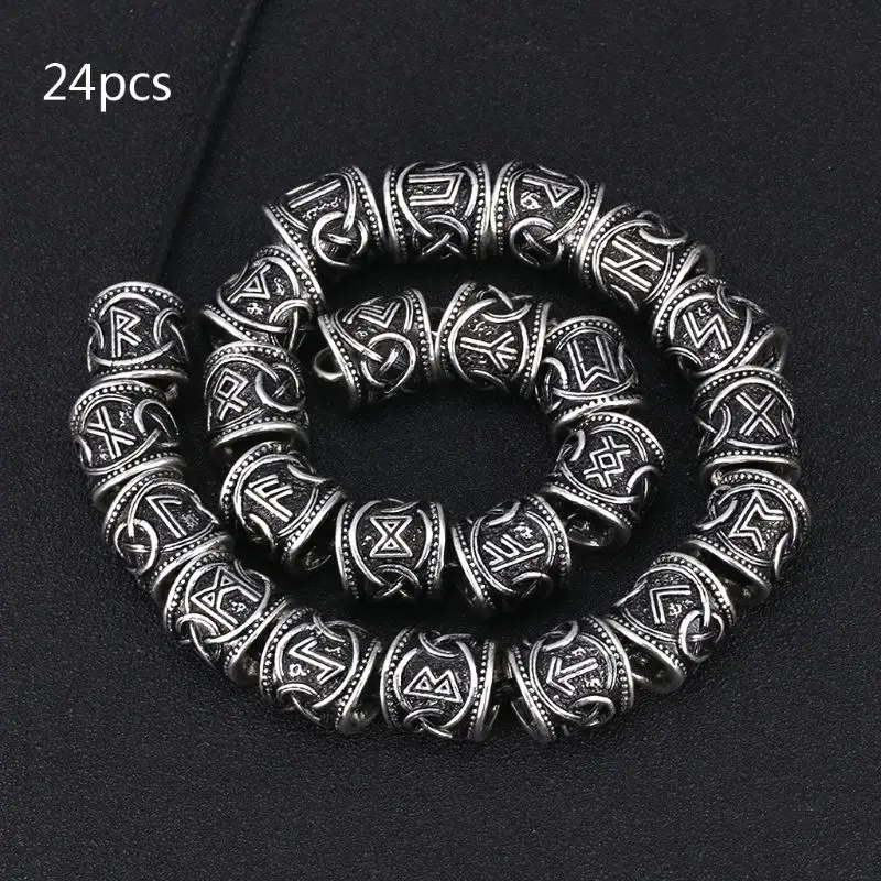 24Pcs Vintage West Coast Paracord Norse Viking Rune Metal Beads DIY Antique Bracelet Hair Beards Jewelry Making