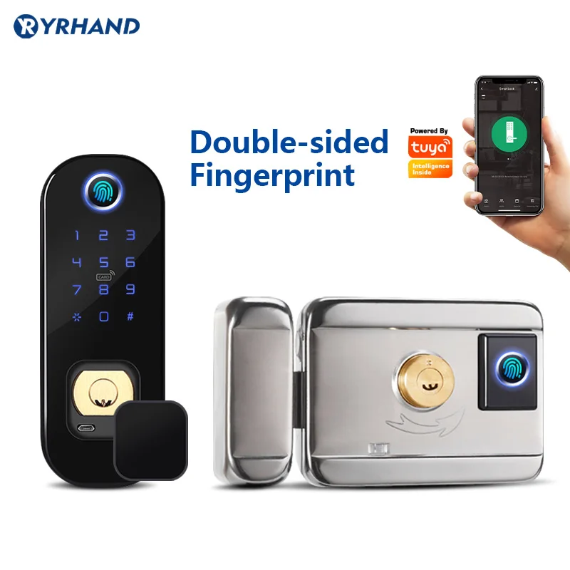 Anti- theft intelligent keyless electronic security handle smart outdoor tuya WiFi  double sided  fingerprint door lock