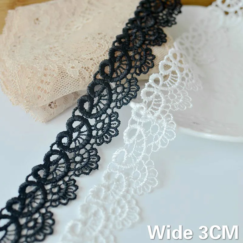 3CM Wide White Black Cotton Hollow Out Exquisite Embroidered Guipure Lace Fabric Trim Fringe Ribbon DIY Sewing Supplies Material