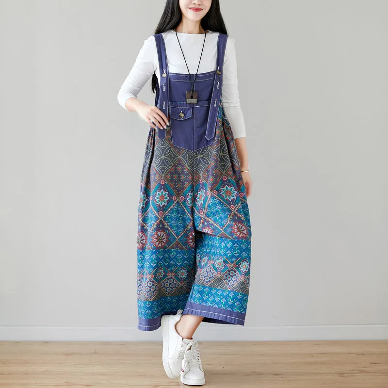 2020 female new spring and  summer plus size literary ethnic style printed wide-leg do- old and adjustable slim 9-point overalls