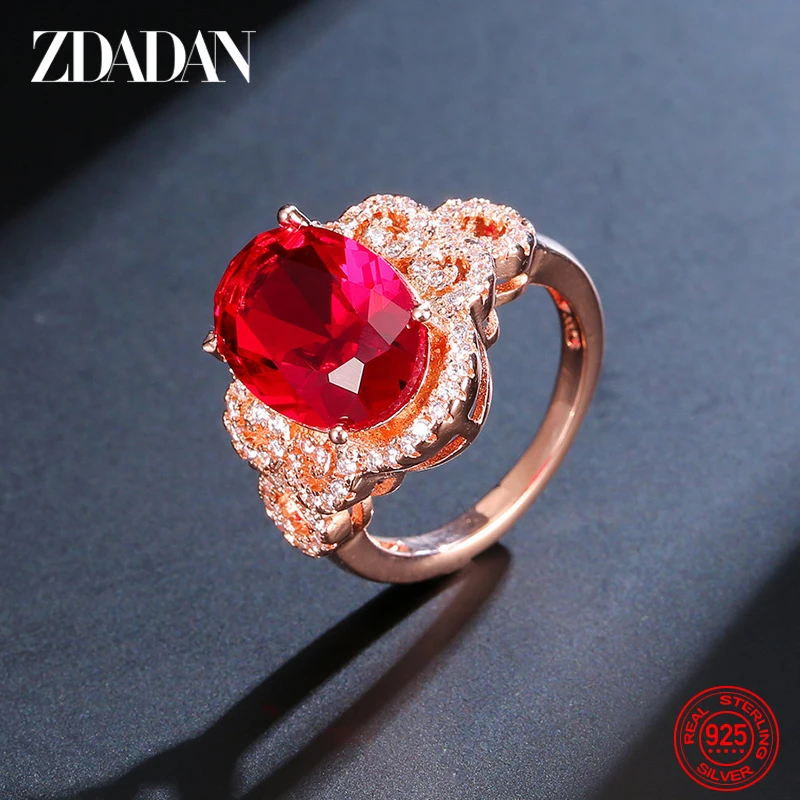 

ZDADAN 925 Sterling Silver Rose Red Gemstone Ring Wedding Jewelry For Women Fashion Charm Gift