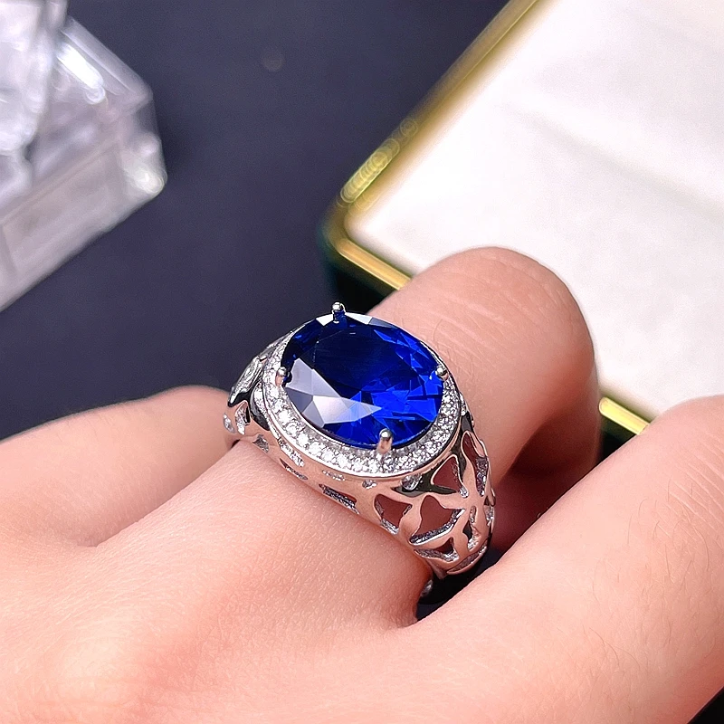 Luxury Man Ring Muscular Character Blue Sapphire Big Size Gemstone Real 925 silver Fine Jewelry Birthday Party Gift