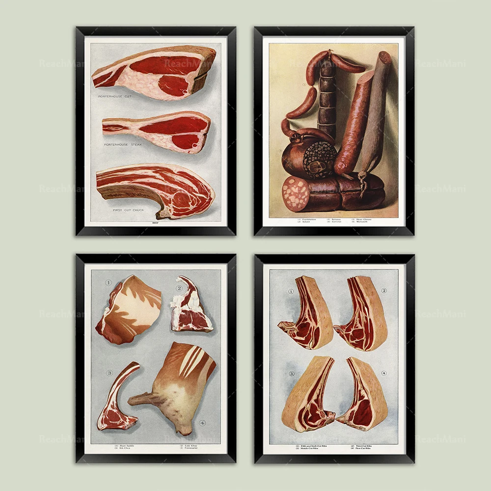 Affiche viande: Steak, Saucisse, Côtes levées, Lamb Art Prints from vintage Grocer’s Encyclopedia