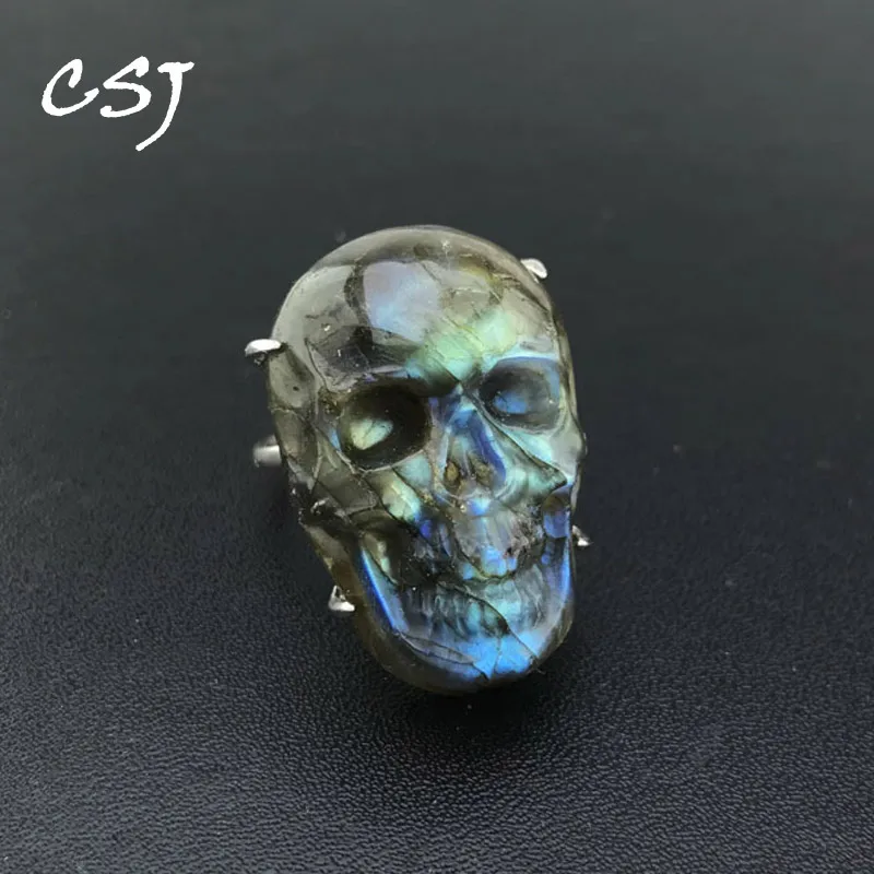 

CSJ Natural Labradorite Skull Ring Sterling 925 Silver Moonstone Sunstone for Man Women Party Birthday Jewelry Gift Wholesale