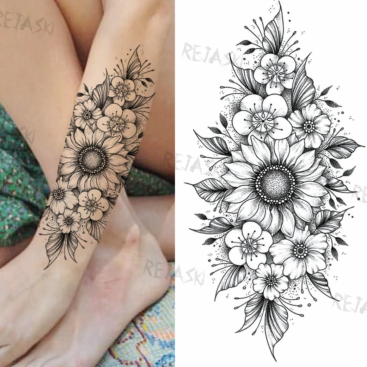 Sexy Snake Flower Fake Temporary Tattoo For Women Black Sunflower Tattoos Bloosom Big Daisy Camellia Water Transfer Tatoos Legs