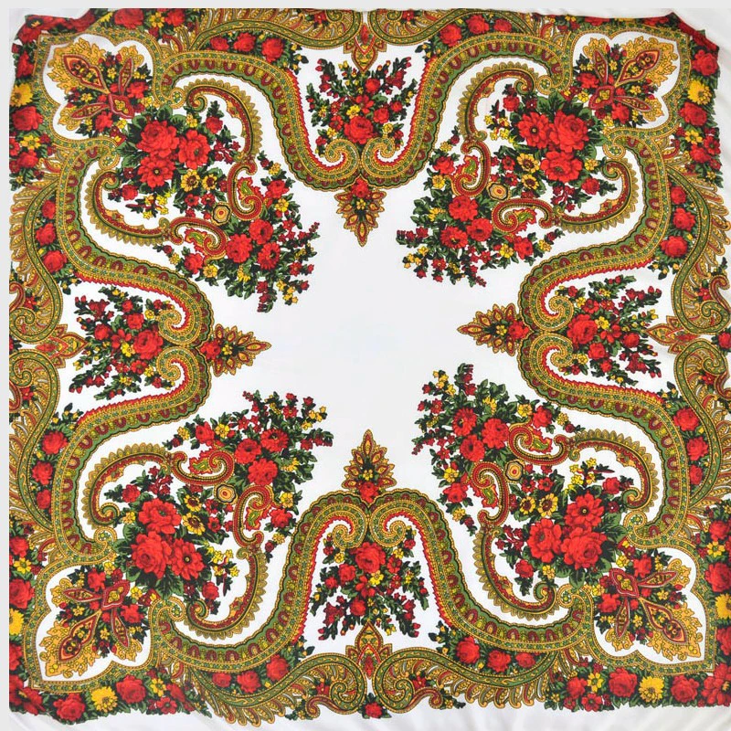 135*135cm Women Russian Style Square Scarf Babushka Head Wraps Hijab Blanket Shawl Retro Floral Pattern National Scarves